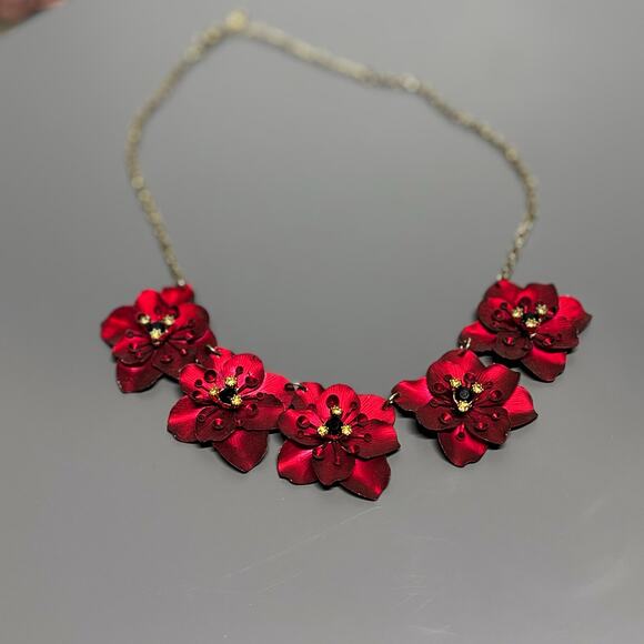 Bold Red Layered Flower Statement Necklace Gold Chain | Glam Floral Jewelry - Picture 8 of 13